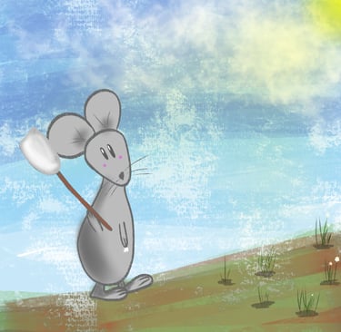 Illustration de Pâquerette la petite souris portant un balai sur un chemin sous un ciel lumineux