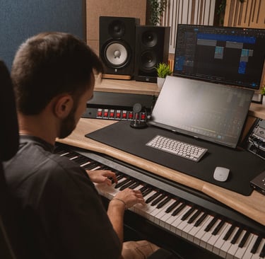 produttore musicale, studio di registrazione con produttore musicale all'opera