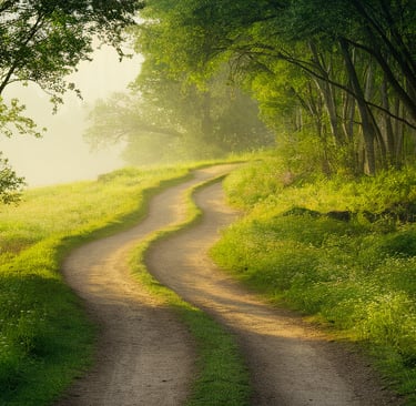 A winding pathway through a serene forest, bathed in soft morning light, representing the journey