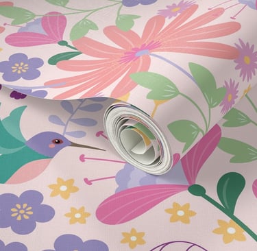 pretty hummingbird pink girls room wallpaper