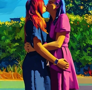 Digital art of a lesbian couple sharing a romantic kiss outdoors in a lush garden setting.