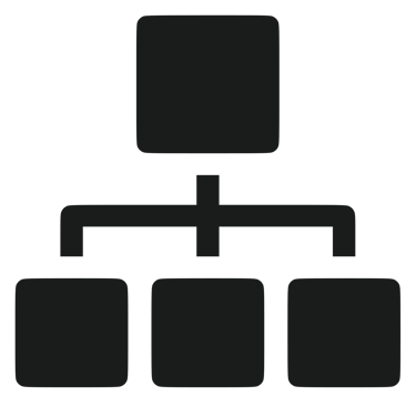 A black hierarchical organizational chart icon showing a top-down corporate structure diagram.