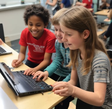 Children excitedly exploring interactive digital wellbeing tools during a Signal Spark Foundation workshop.