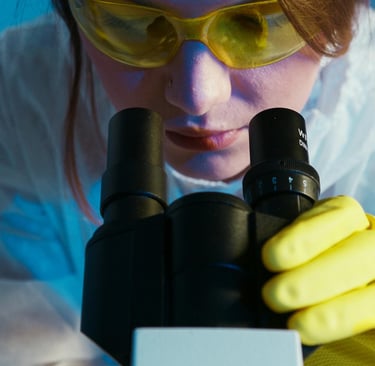 a woman in a lab coat and gloves holding a microscope