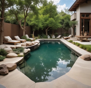 a pool with a lounge chair and a couch