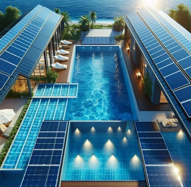 a pool with solar panels and solar panels