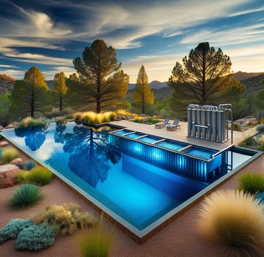 a pool with a pool and a deck chair