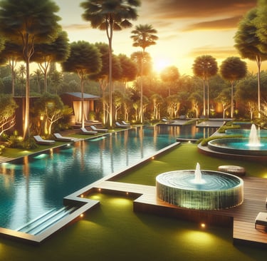 a pool with a fountain and a fountain