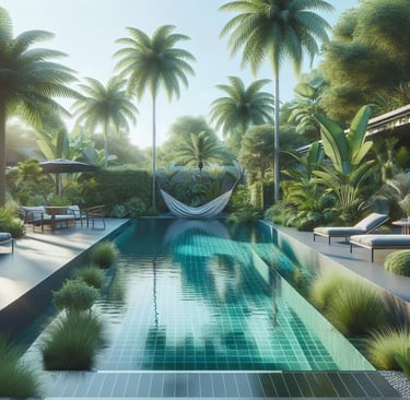 a pool with a hammock and lounge chairs