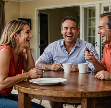 a man and woman sitting at a table a swimming pool contractor