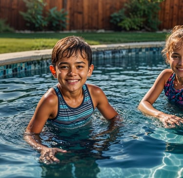 two young children in a pool with their hands on their knees