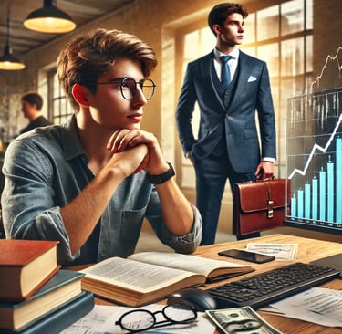 A young man sitting at a desk, deep in thought, surrounded by notes and books about investing.