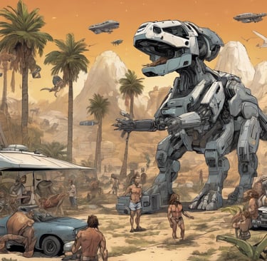 A giant robotic dinosaur surrounded by cavemen and palm trees with flying cars in the sky