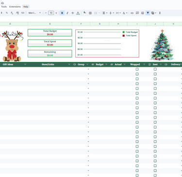 Christmas budget tracker google sheets template with reds greens and golds 