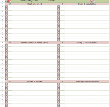 Printable shopping list - google sheets template - off white background - dusky pink - sage green