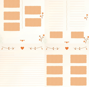 Sample planner pages in muted browns and oranges. 