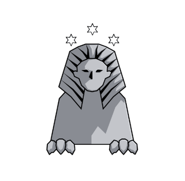 A stylised black and white drawing of a Egyptian Sphinx with three stars above its head