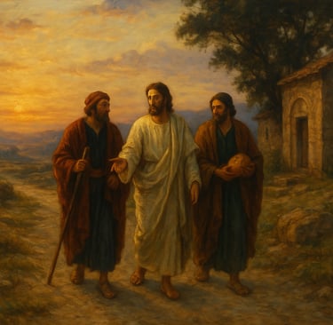 Jesus and two disciples walking along the Emmaus Road