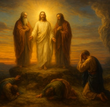 Jesus transfigured on the mountain with Moses and Elijah, symbolising the Pilgrimage of Transformati