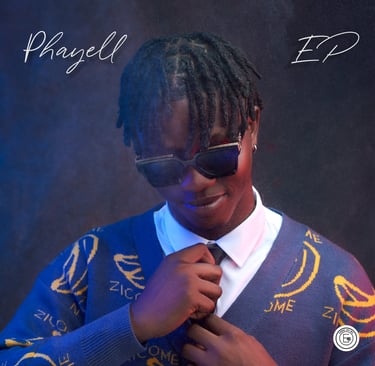 Phayell EP Cover Art - Phayell wearing white dress shirt, black tie, purple cardigan, banana pattern