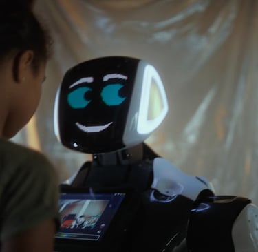 A young woman interacting with a robot 