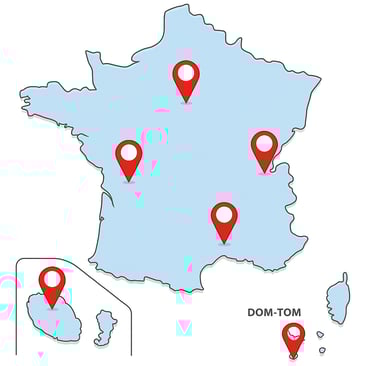 Illustration de la carte des territoirs de France représentant les zones desservies par Prosysm
