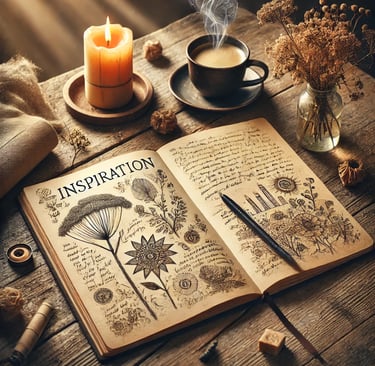 Cozy creative journal with floral sketches, candlelight, coffee, and inspiration for mindful writing