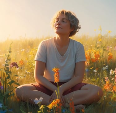 Woman meditating in colorful flower field at sunrise, embracing peace, mindfulness, self-discovery