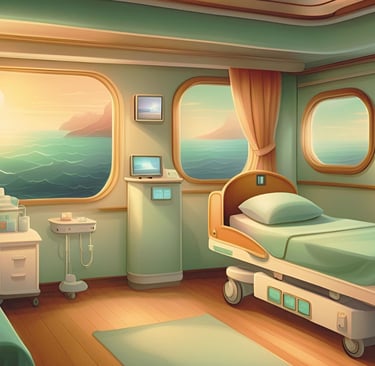 Mini hospital a bordo de navio de cruzeiro, com vista para o mar e ambiente acolhedor e funcional.