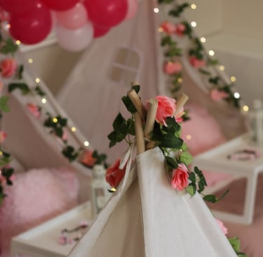 teepee slumber hire enchanted flower theme with balloon garland