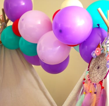 teepee slumber hire unicorn dreams theme with balloon garland
