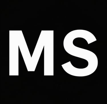Minimalist logo with bold white letters MP on a solid black background.