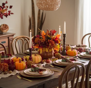 table set in thanksgiving style, with candles, pumpkins, harvest items, a lustre in rattan, rustic style
