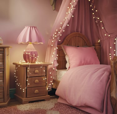 a cozy pink bedroom, fairy lights, wooden elements, pink bedd