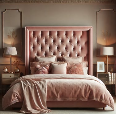 chic bedroom in dusty rose, with a big square pink headboard in velours. the bedding is also in velours. decor objects ingold