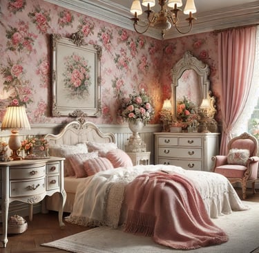 pink romantic room with white decor, coquette style, romantic old style, golden lustre, white furniture, pink chair