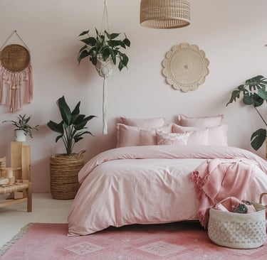 pink teenager style bedroom, various natural wall decor, plants, pink bed, pink themed