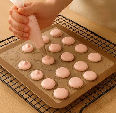 a person is using a pastrying pan with pink icing, making macarons