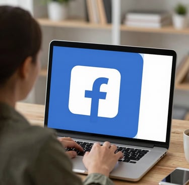 A person using a laptop computer to access the Facebook social media app for digital marketing.