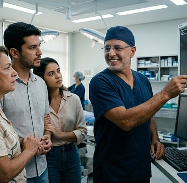 Médico neurocirurgião em Fortaleza analisando tomografia de crânio com hematoma subdural e orientand
