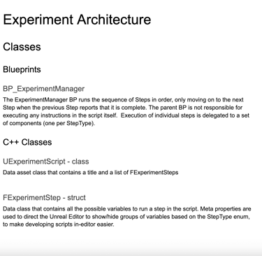 Experiment Architecture diagram showing Unreal Engine Blueprint and C++ class structure for managing scripts and steps.