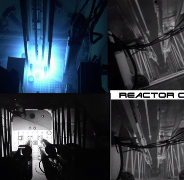 A collage of photos of the nuclear reactor core inside the pool