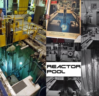 A historical collage showing the nuclear reactor pool and research facility equipment with scientists.
