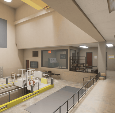 Nuclear Reactor facility interior featuring a mechanical equipment, and laboratory control rooms.