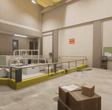 A nuclear reactor floor showing the reactor pool and bridge