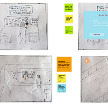 Hand-drawn sketches and UI wireframes for a Ford Nuclear Reactor VR simulation training tool.