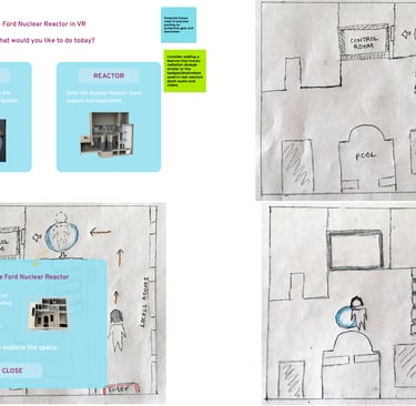 Hand-drawn sketches and UI wireframes for a Ford Nuclear Reactor VR simulation training tool.