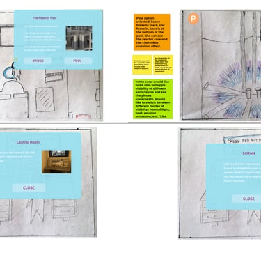 Hand-drawn sketches and UI wireframes for a Ford Nuclear Reactor VR simulation training tool.
