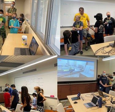 Students wearing VR headsets participate in a virtual reality engineering simulation in a modern cla