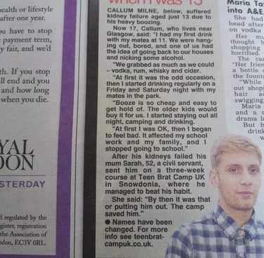 The Sun newspaper story about the Teen addiction Teen Behavioural Camps benefit on teencamps-uk